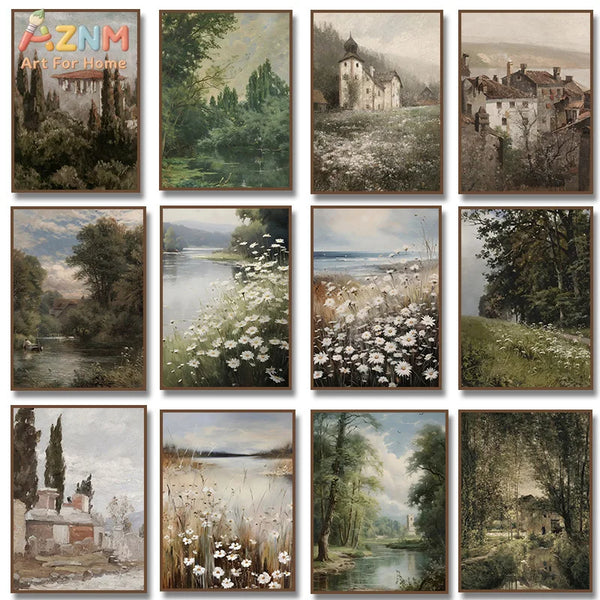 A collection of vintage oil paintings depicting European countryside scenes, including river villages and fields with white d