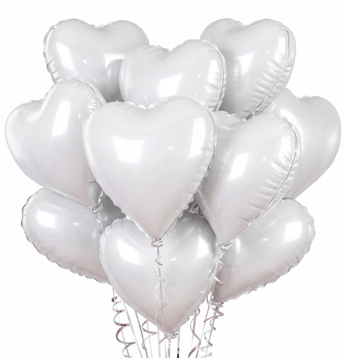 A bunch of white heart-shaped foil balloons tied together on a string.