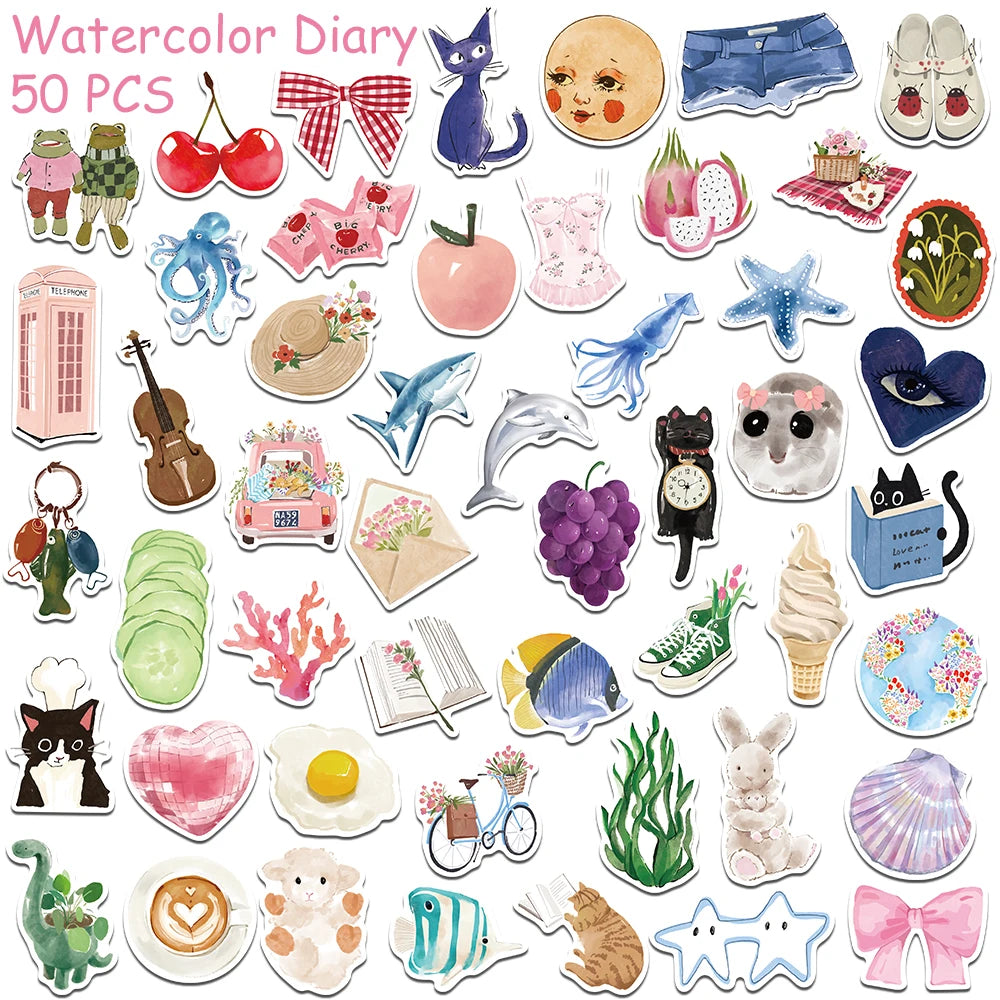 A collection of watercolor dairy stickers featuring various food items, animals, and decorative elements.