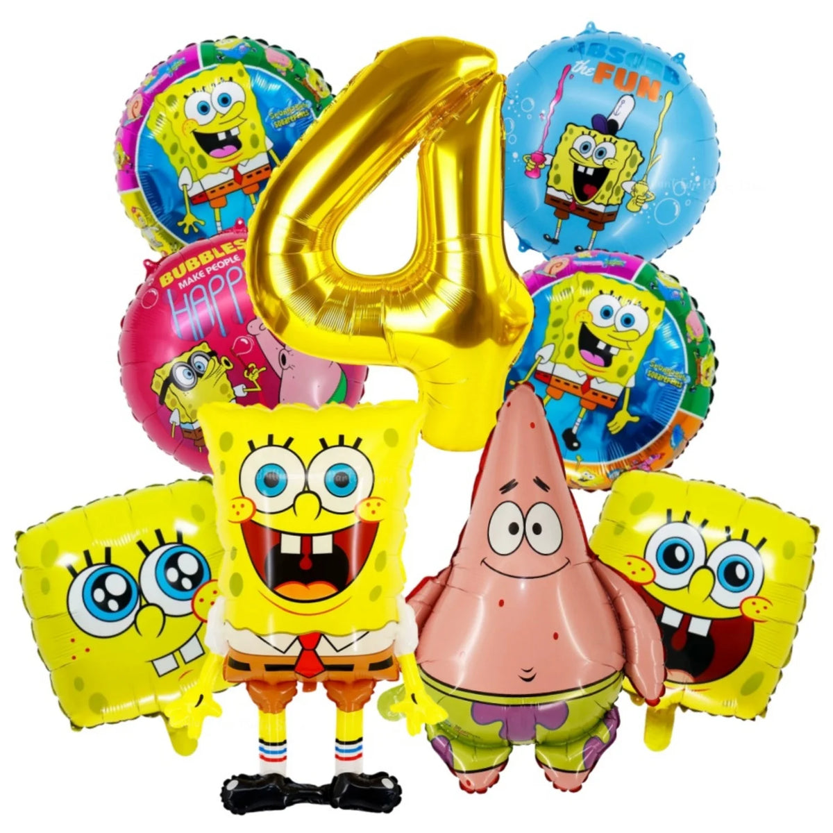A set of nine foil balloons featuring characters from SpongeBob SquarePants including Patrick and SpongeBob