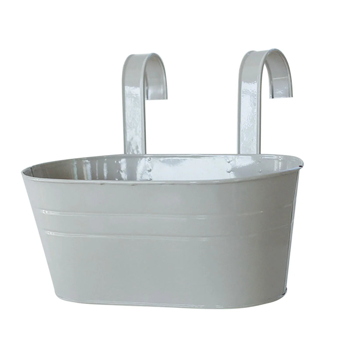 A modern boho metal hanging planter with a wide basin and two curved hangers.