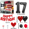 A set of red and black birthday balloons including a 17-inch number balloon, heart balloons, and solid colored balloons.