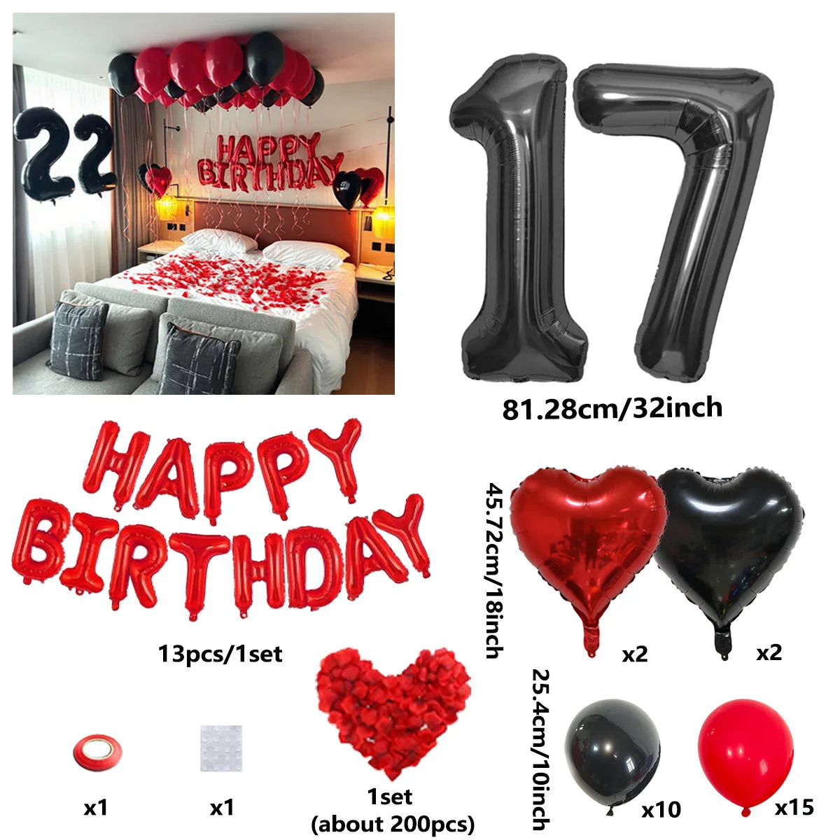 A set of red and black birthday balloons including a 17-inch number balloon, heart balloons, and solid colored balloons.