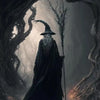 A shadowy figure in a long dark cloak and pointed hat stands in a misty, gnarled forest path.
