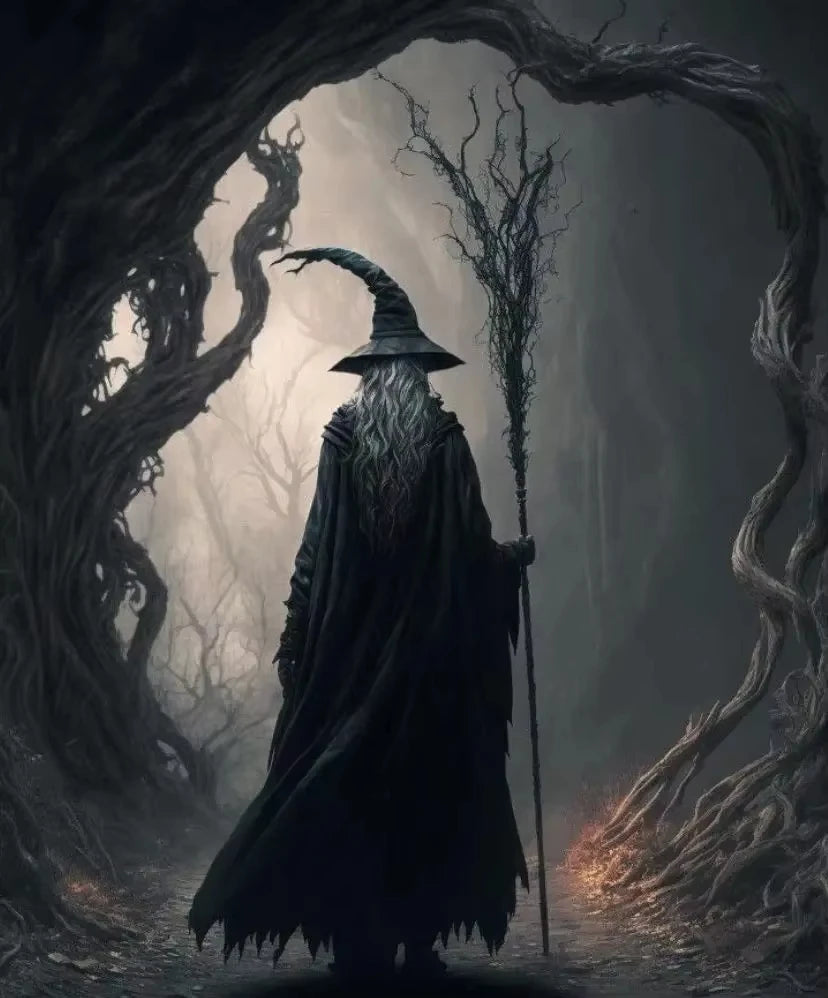A shadowy figure in a long dark cloak and pointed hat stands in a misty, gnarled forest path.