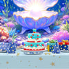 A colorful photo backdrop featuring a glowing light in a lotus shape surrounded by lush floral and nature elements for a baby