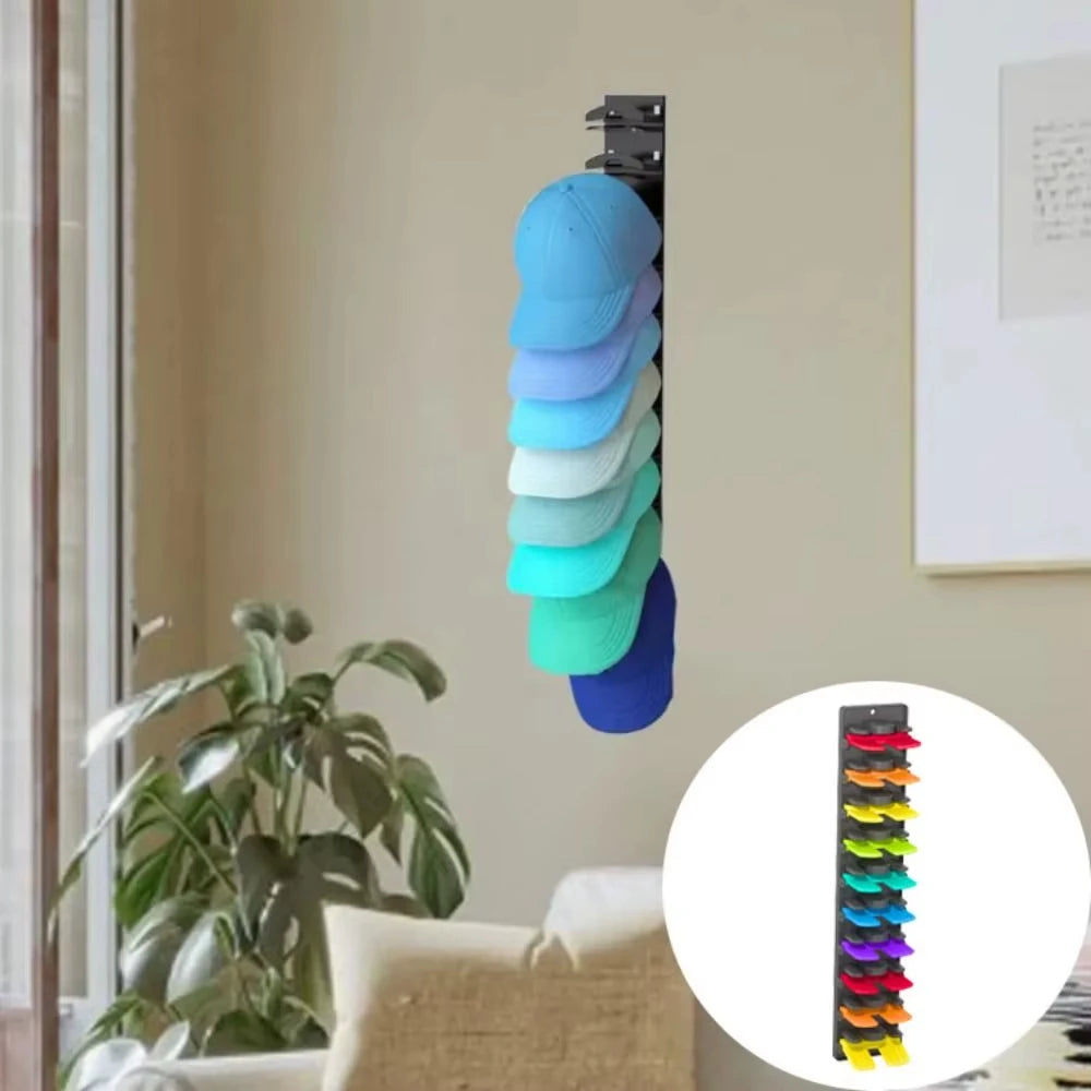 Wall-mounted hat organizer rack displaying a vertical stack of colorful baseball caps.