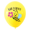 A yellow balloon featuring a happy bee face and the text bee happy.