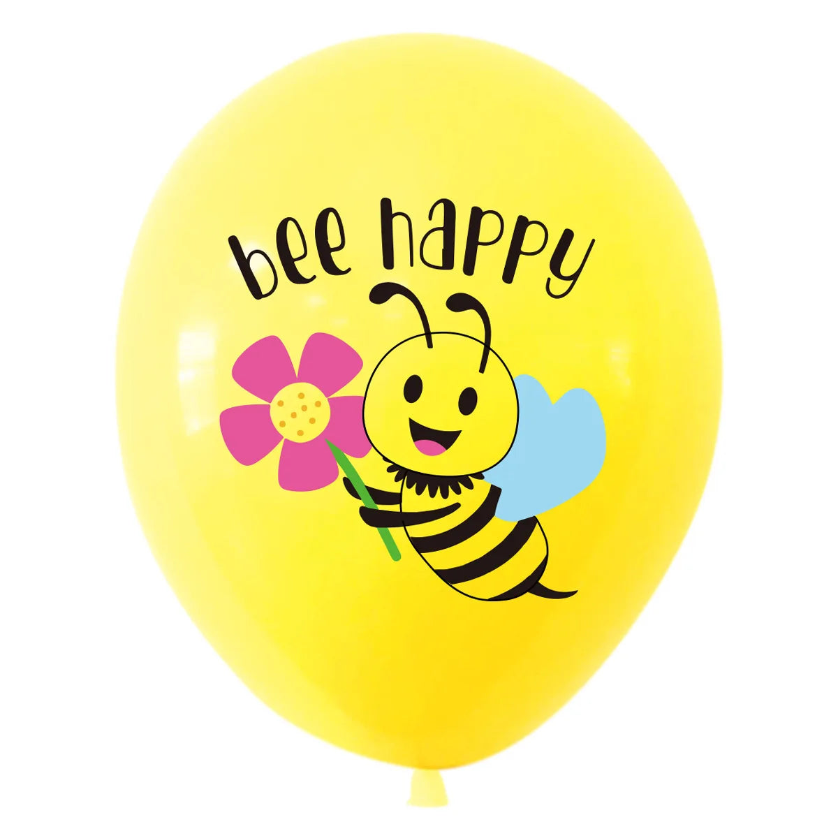 A yellow balloon featuring a happy bee face and the text bee happy.