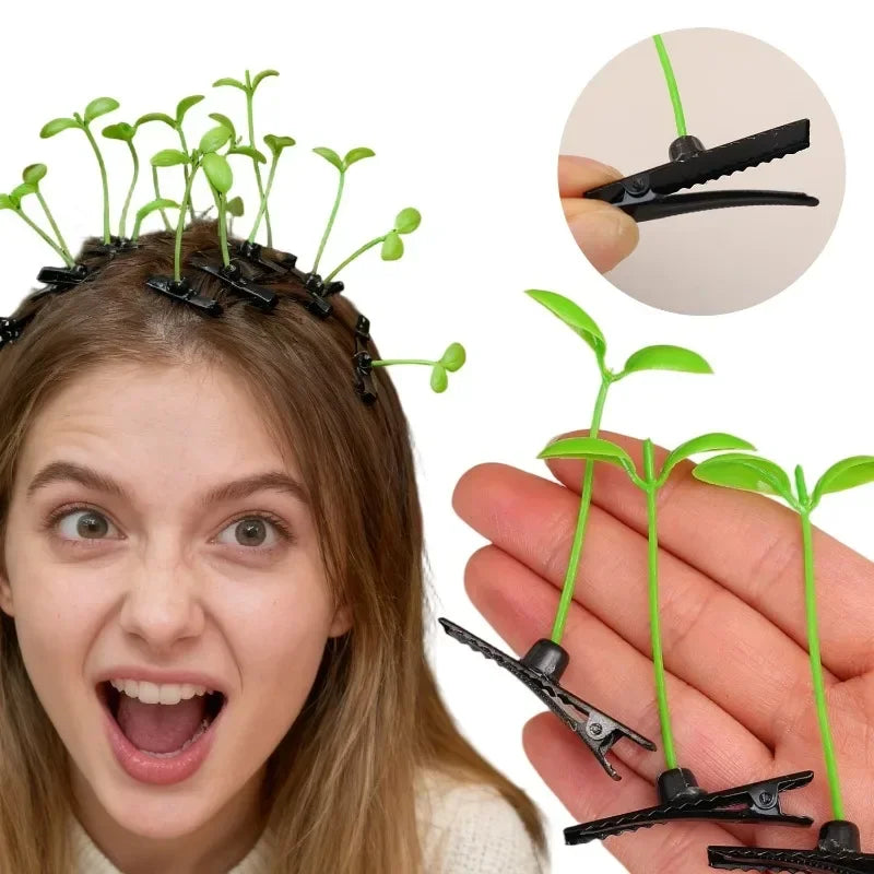 A young woman shows off bean sprout hair clips with grass tops on her hair and a hand displaying the product.