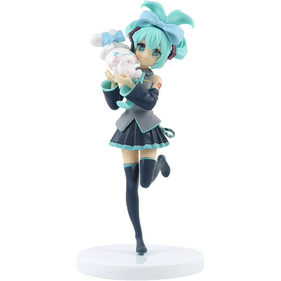 A PVC collectible figurine of Hatsune Miku in a school uniform with a white animal accessory.