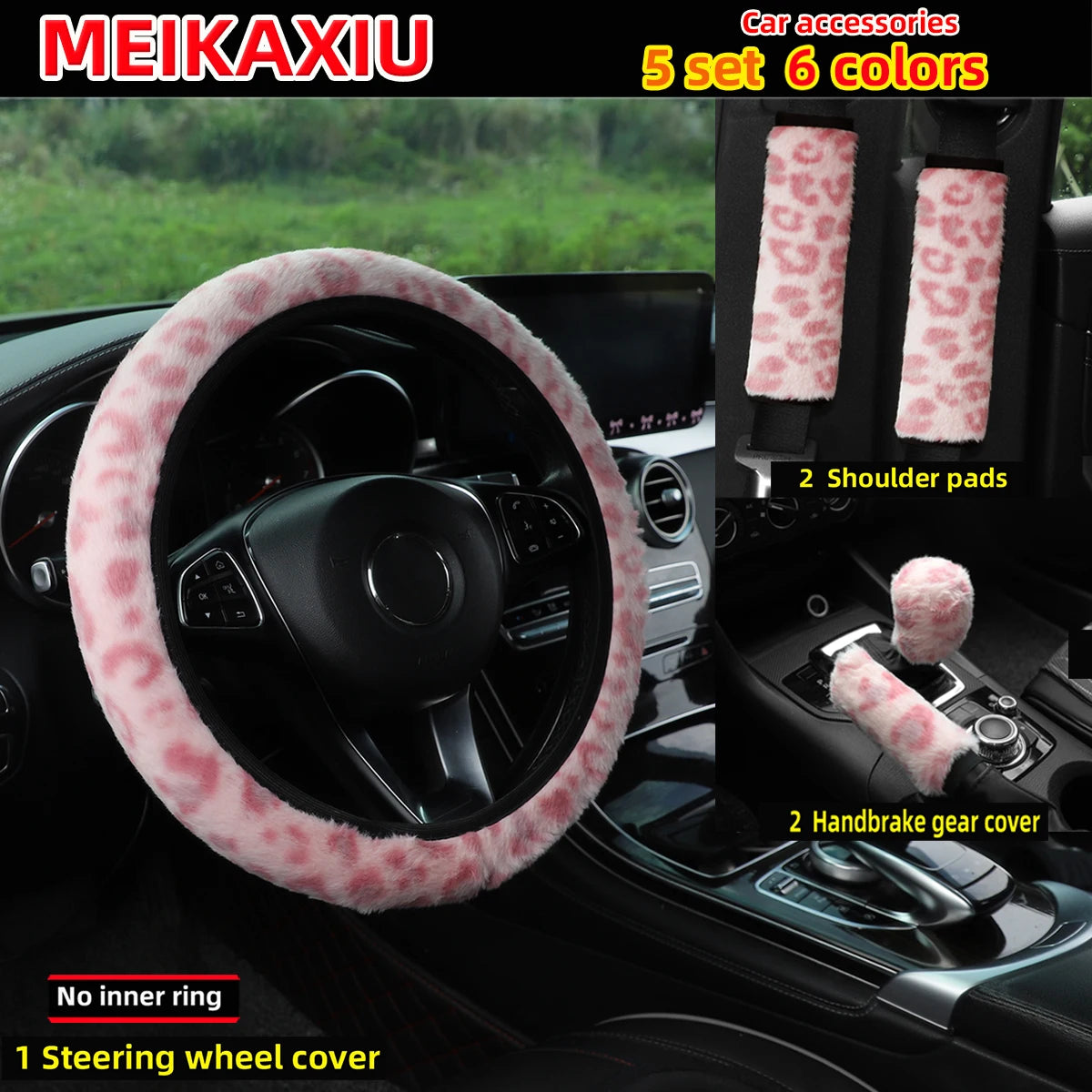 A set of six leopard print car accessories including a steering wheel cover, shoulder pads, and a handbrake gear cover.