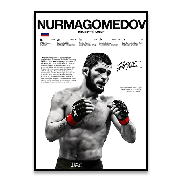 A black and white poster featuring the name and record of fighter Nurmagomedov