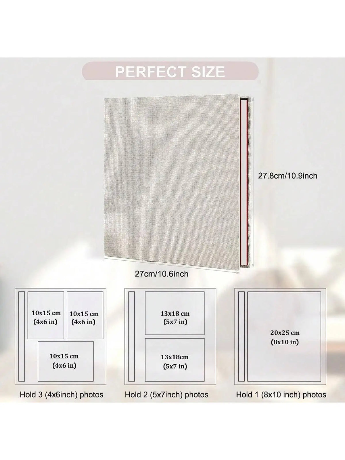 A beige linen scrapbook photo album showing various sizes of photo holders and pages.