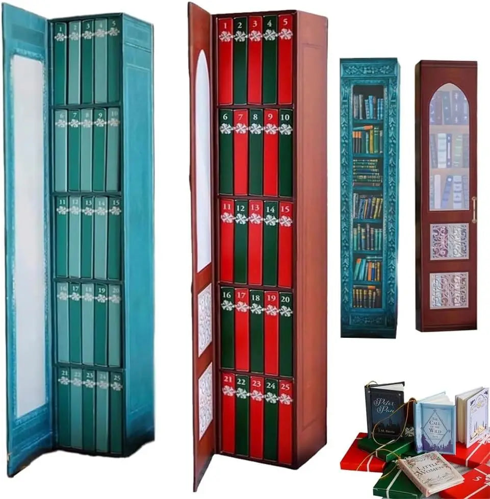 A set of 24-day book-themed advent calendars with mini ornaments in green and red.