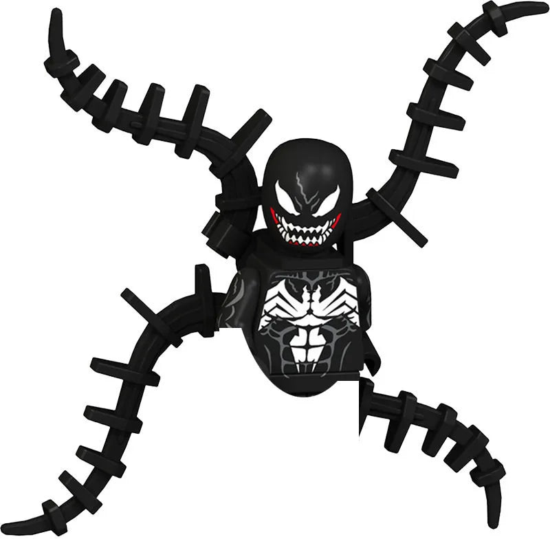 A black Venom-like spider figure made of building blocks.