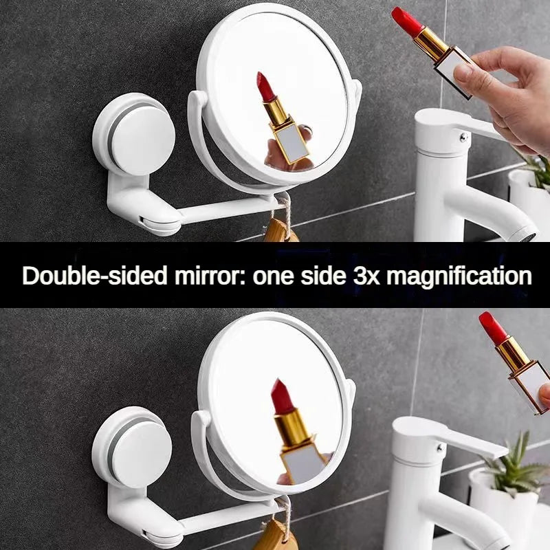 A double-sided wall-mounted vanity mirror with HD magnification is shown next to a tube of red lipstick.