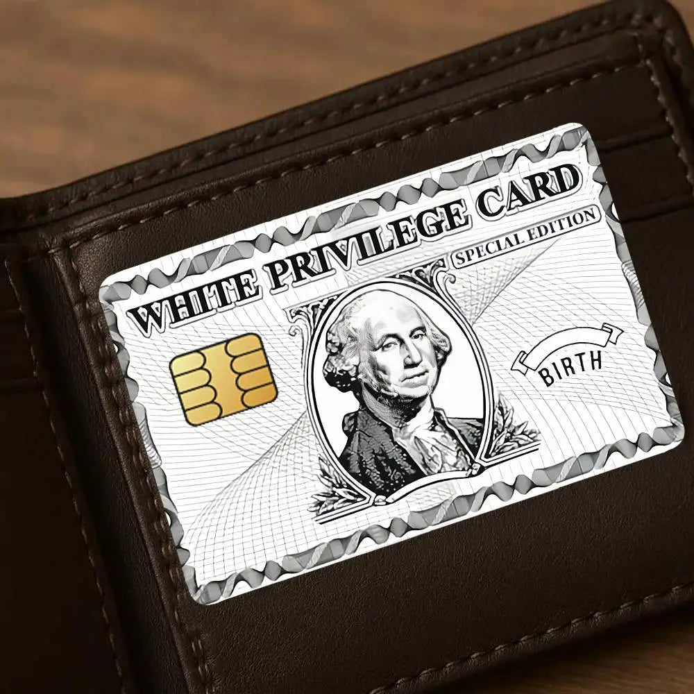 A close-up of a dark brown wallet featuring a white privilege card design.