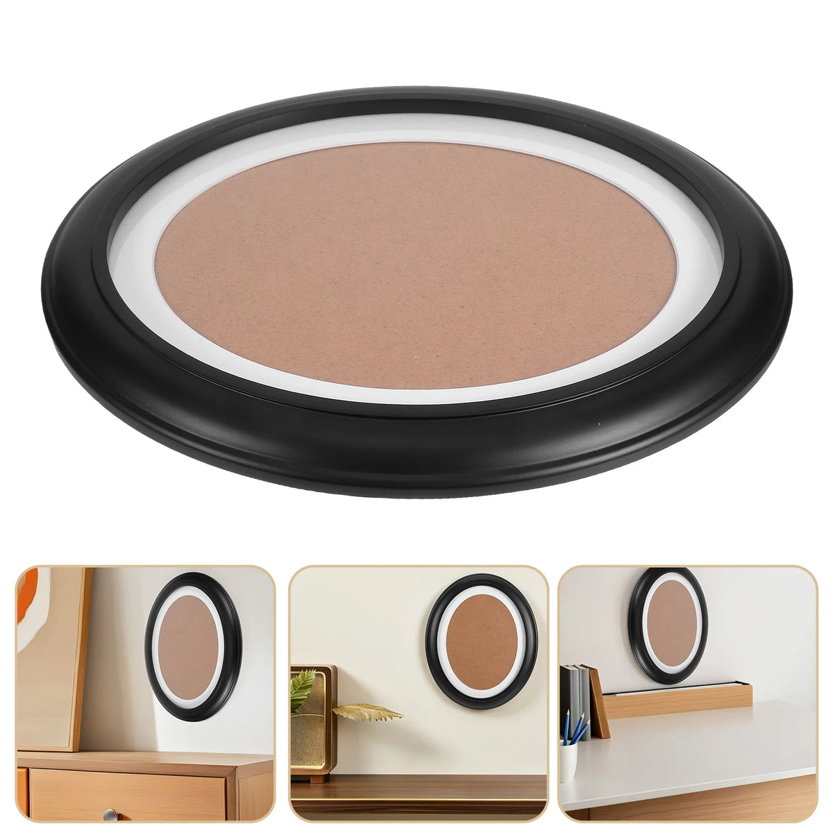 A round, matte terracotta-colored cosmetic compact with a black rim and lid.