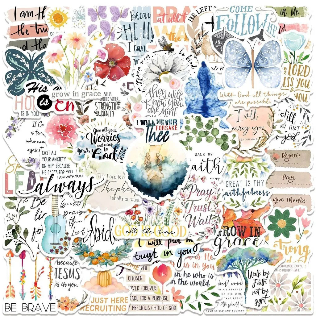 A collage of various Jesus phrases and motivational words written in colorful graffiti style on a white background