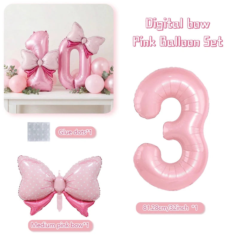 Pink balloon set featuring a large pink number three and medium pink bows
