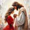 An oil painting depicting Jesus embracing a young woman in a warm, bright light.