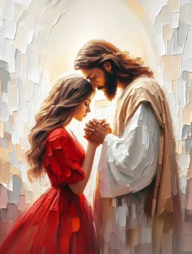 An oil painting depicting Jesus embracing a young woman in a warm, bright light.