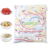 A bag of 100 reusable clear cling film rolls used for food storage, showing various colors.