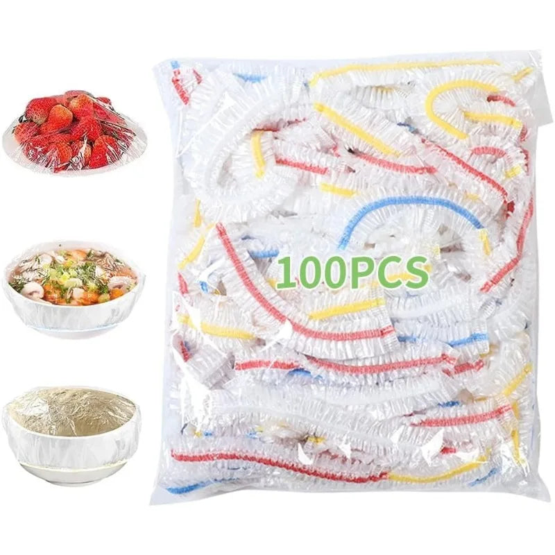 A bag of 100 reusable clear cling film rolls used for food storage, showing various colors.