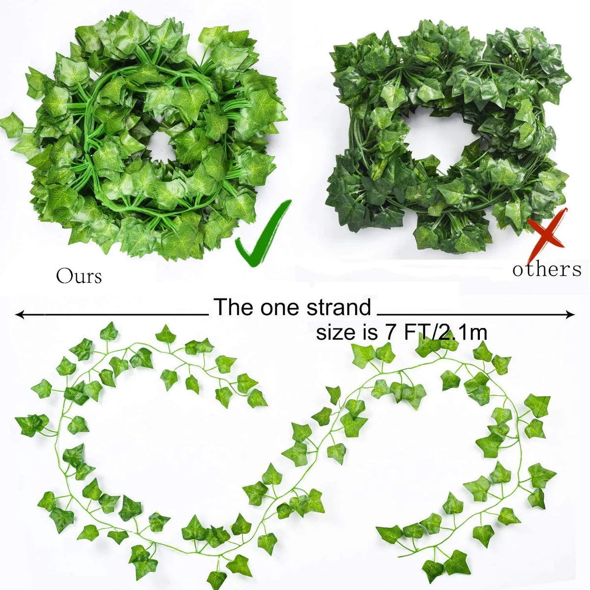 A set of artificial ivy garlands showing a wreath design and individual strands measuring 7 FT/2.1m.