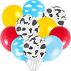 A bunch of 12-inch latex balloons in yellow, blue, and red with cloud and cow print patterns.