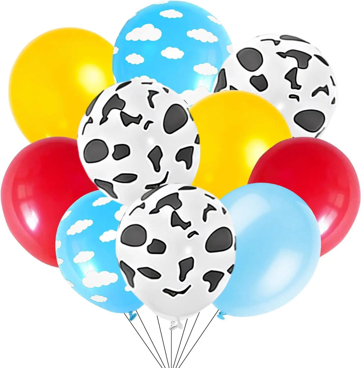 A bunch of 12-inch latex balloons in yellow, blue, and red with cloud and cow print patterns.