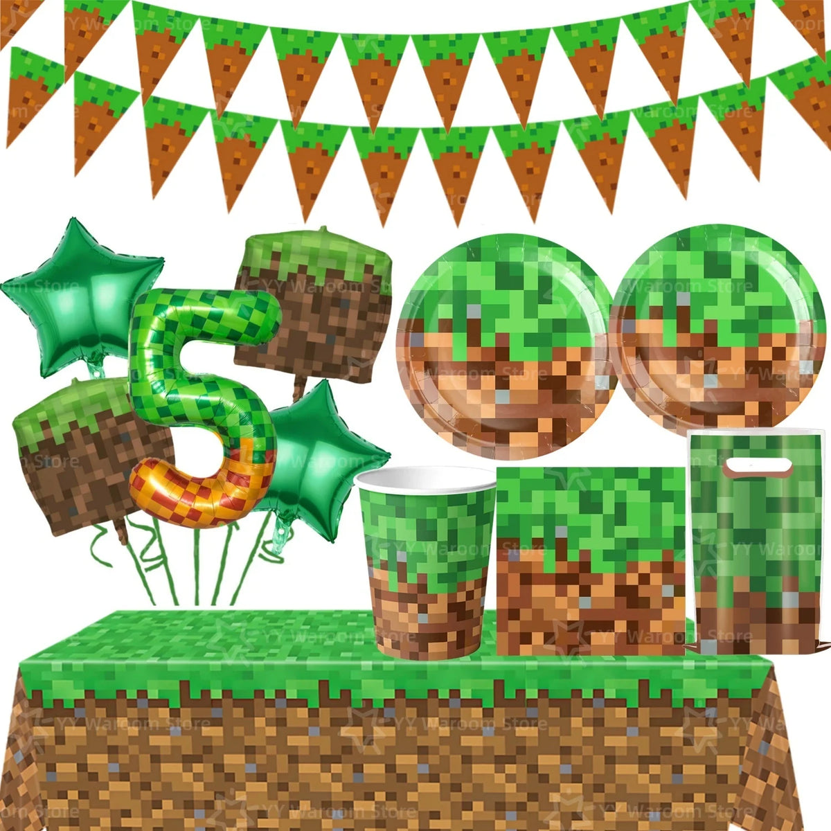 A miner-themed birthday party set featuring green and brown textures, including a banner, balloons, and a green table coverin