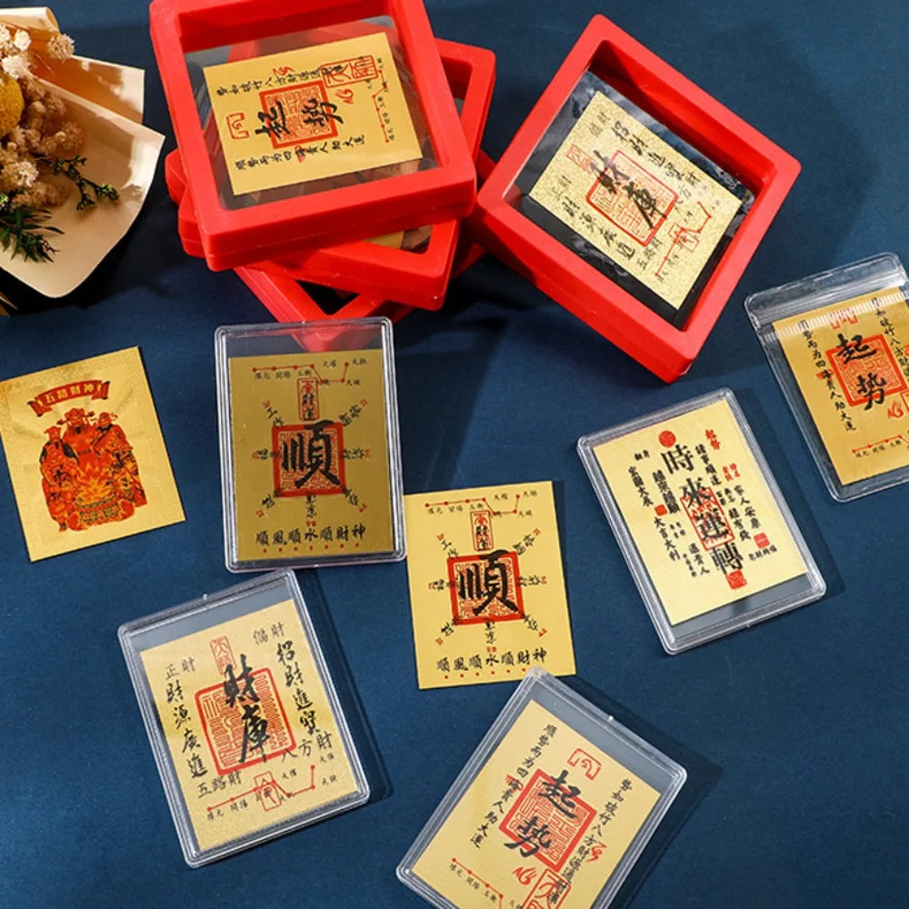 A collection of square stickers featuring Chinese characters for lucky wealth, prosperity, and good fortune on various colore