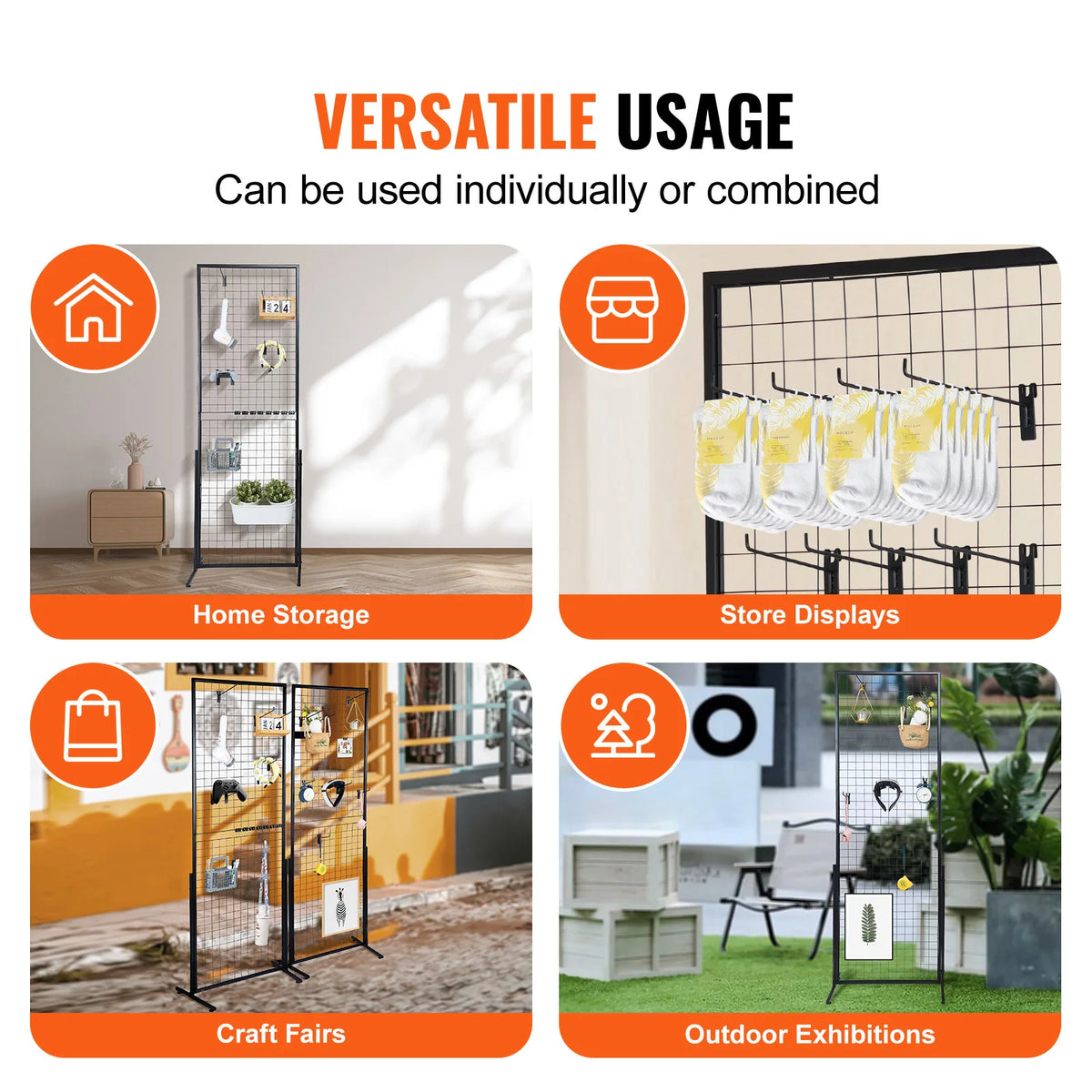 A double-sided wire grid wall display rack used for home storage, store displays, craft fairs, and outdoor exhibitions.