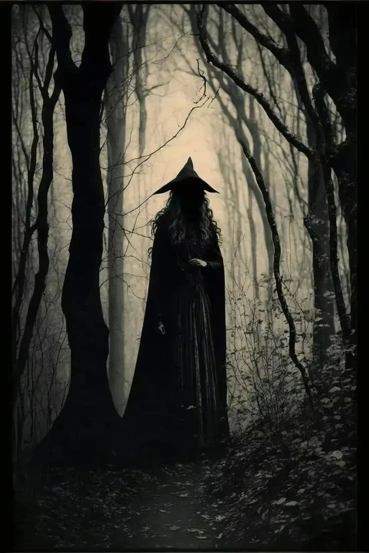 A silhouette of a witch with long dark hair stands in a foggy forest path.
