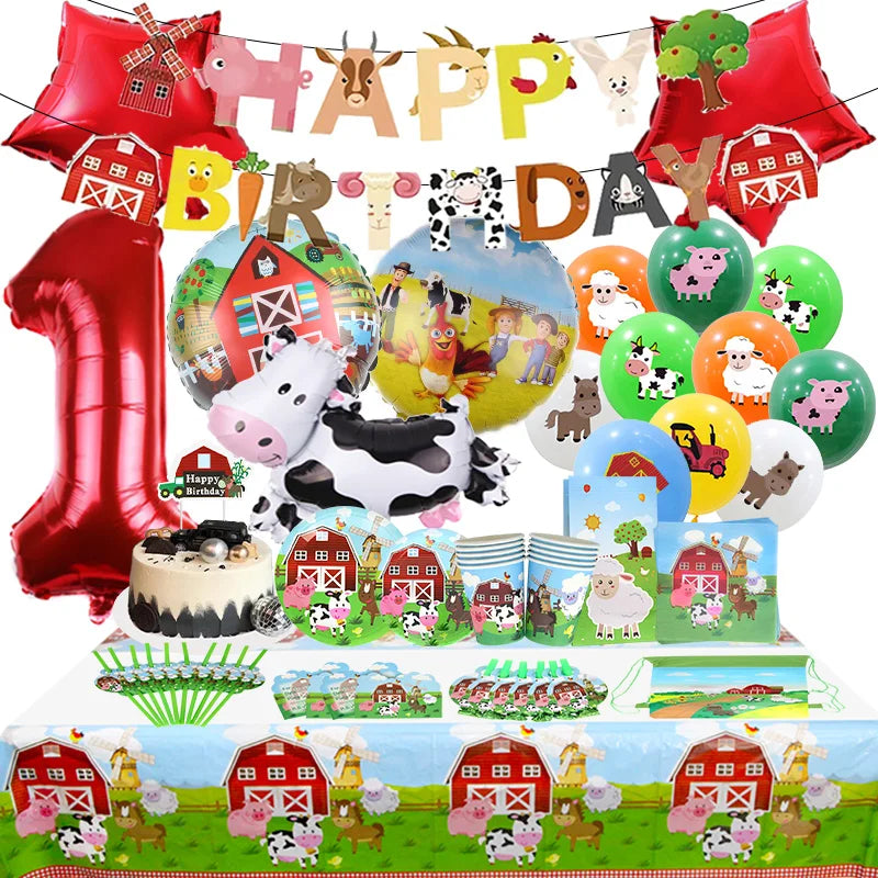 A colorful farm ranch birthday party decoration kit featuring balloons, backdrop, and tableware set on a table.