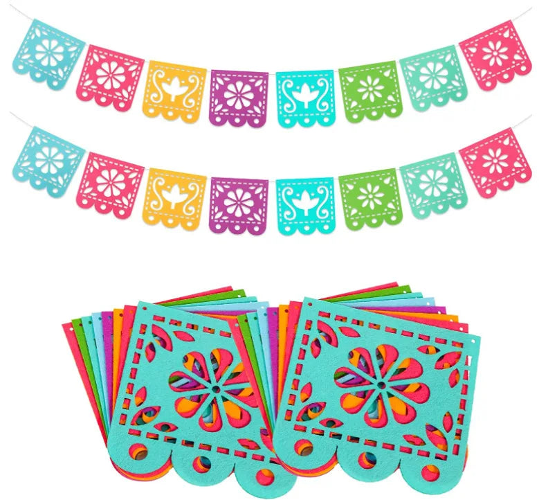 A collection of colorful felt flags in various patterns and colors for party decorations