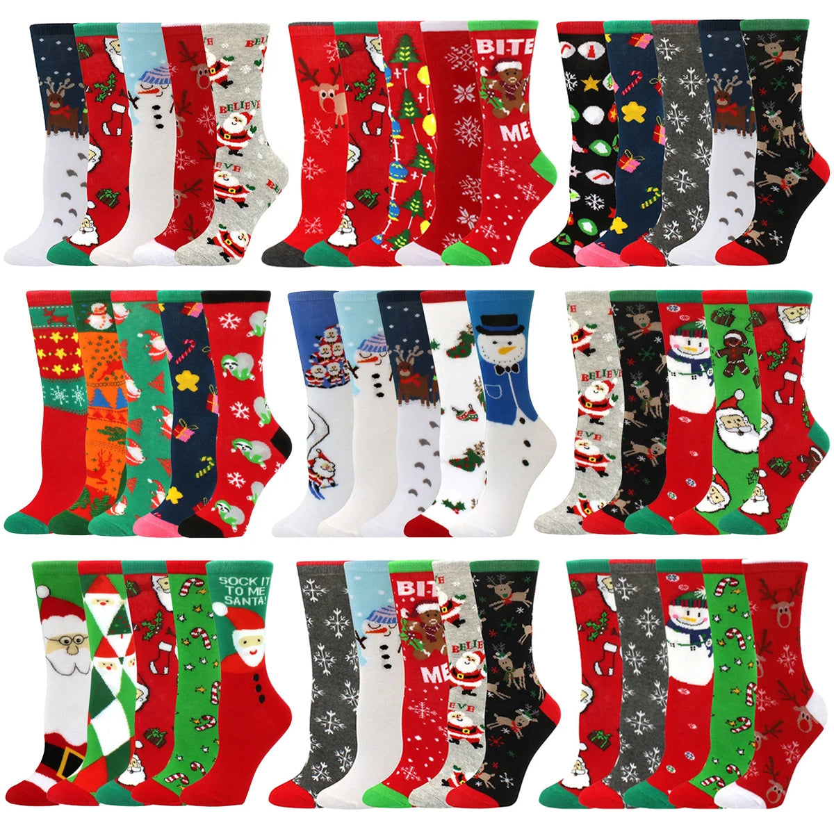 A pack of five Christmas women's socks featuring reindeer, tree, and festive patterns in red, green, and black.