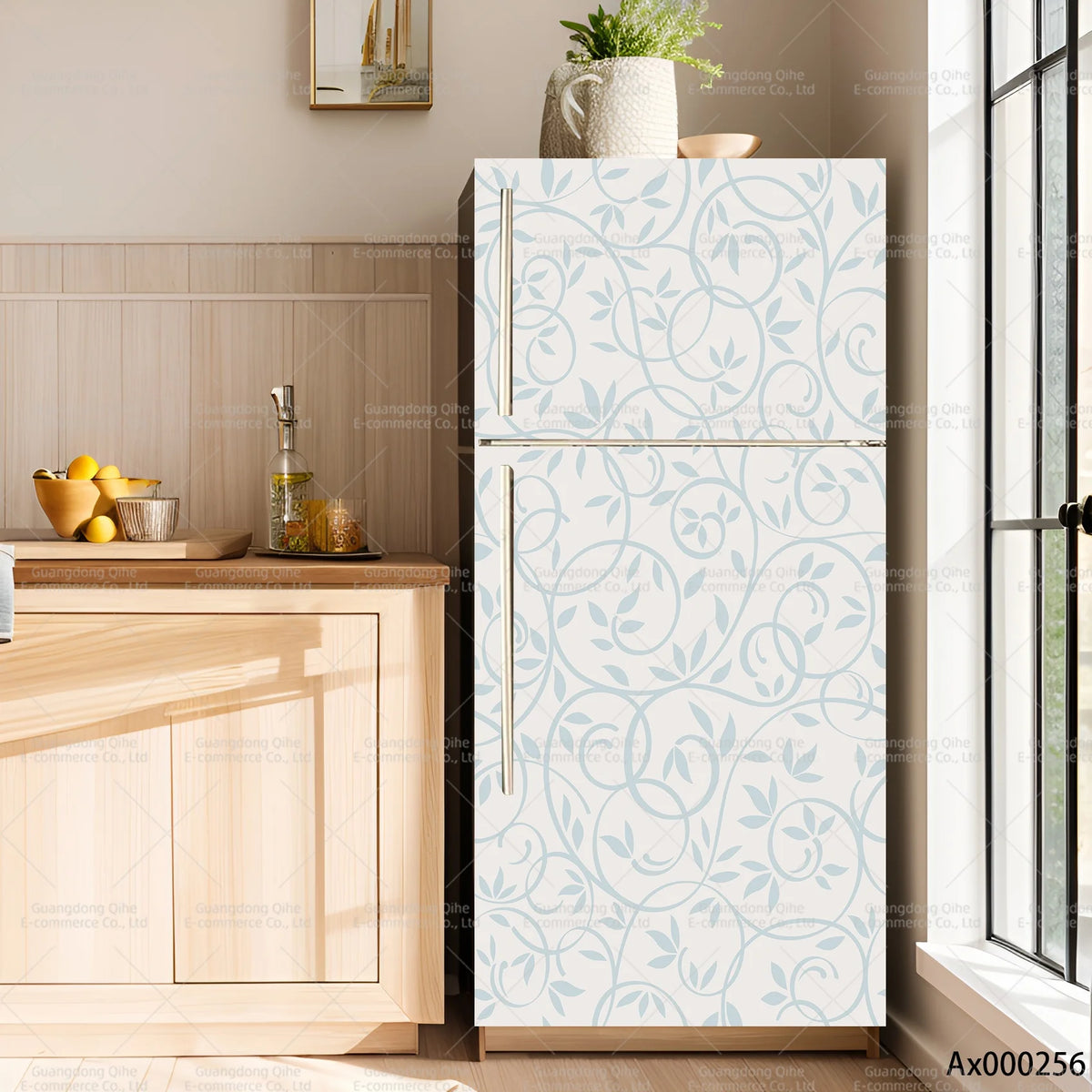 A white refrigerator with a light blue floral pattern is displayed next to a wooden cabinet and a window.