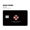 A black card with a holographic shark design and the Umbrella Corporation logo.
