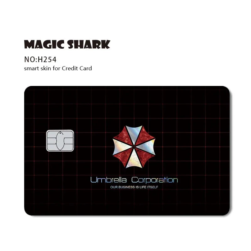 A black card with a holographic shark design and the Umbrella Corporation logo.