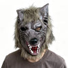 A realistic werewolf full head mask with gray fur and fierce facial features worn by a person.