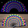 A folding fan with a vibrant, iridescent UV fluorescent pattern displayed in a semi-circle.