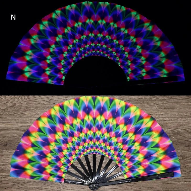 A folding fan with a vibrant, iridescent UV fluorescent pattern displayed in a semi-circle.