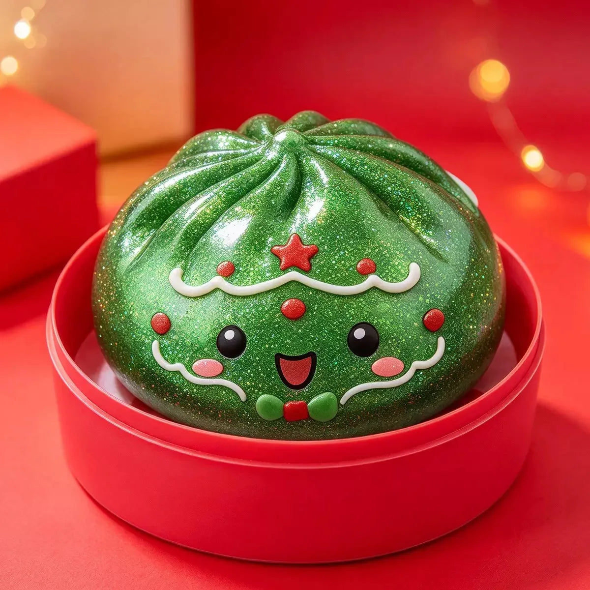 A green Christmas squishy stress reliever shaped like a festive snowman with a red star and white trim, resting in a red dish
