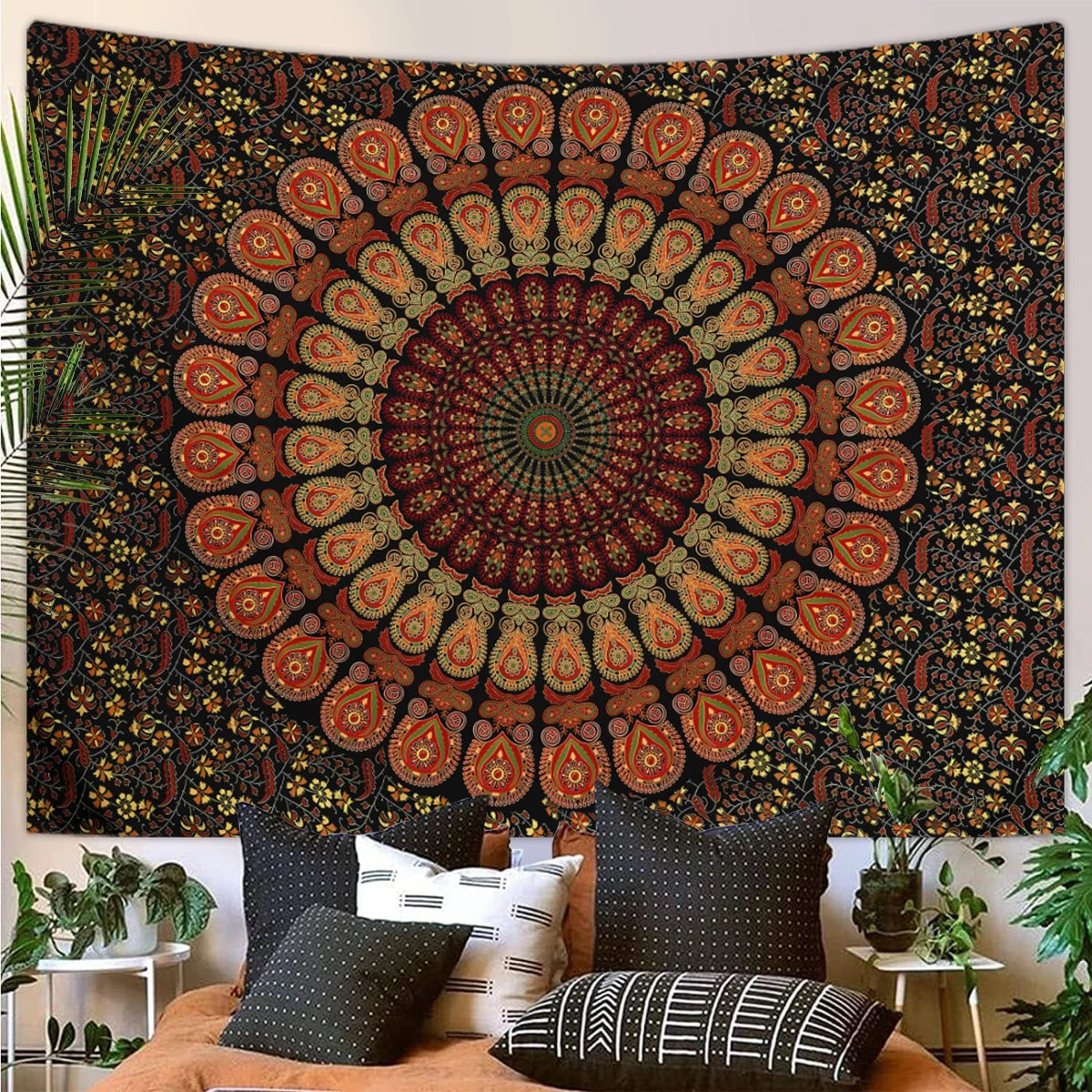 Bohemian mandala tapestry wall hanging featuring intricate geometric patterns in earthy tones on a dark background