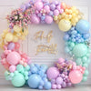 A balloon garland arch kit featuring pastel pink, purple, yellow, and blue balloons for parties
