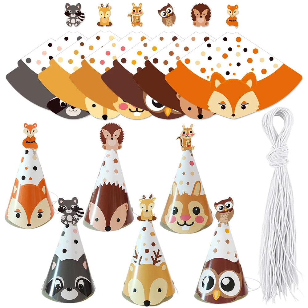 A collection of orange and brown jungle safari animal birthday decorations featuring various fox, owl, and other wildlife fig