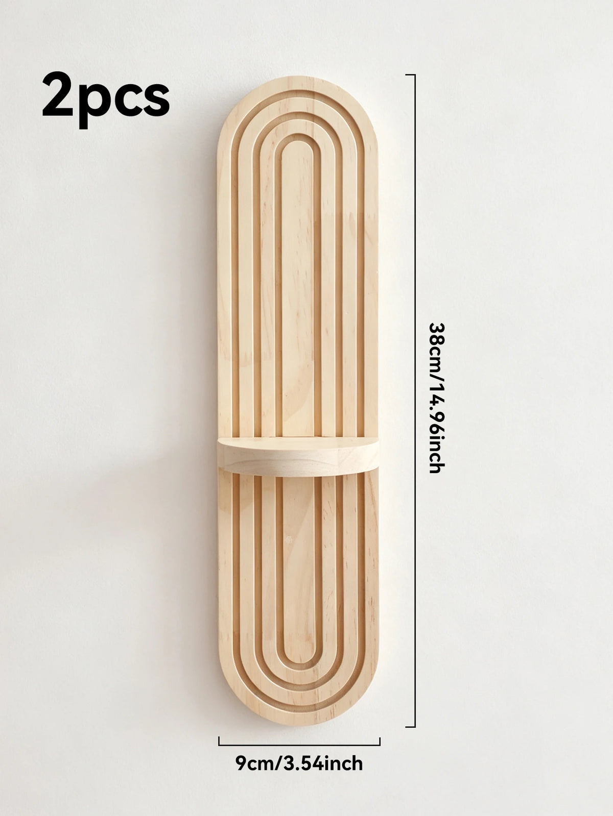 Two wooden wall shelves with arched grooves made of light wood.